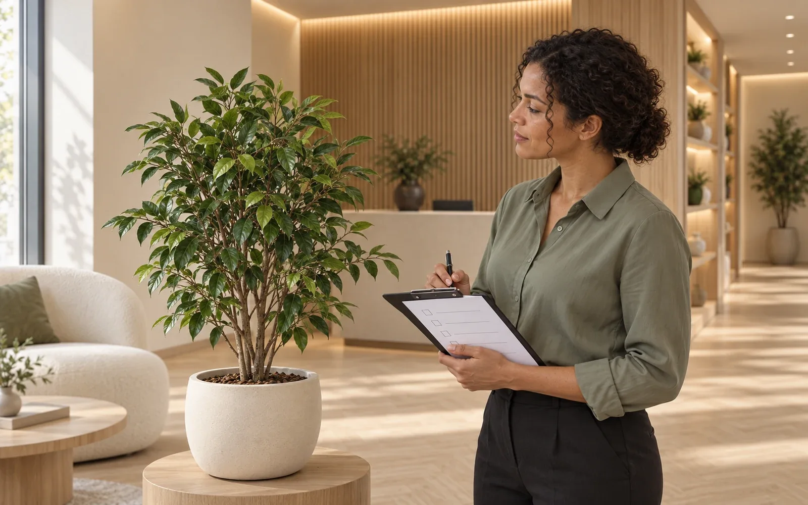 Responsable du suivi tenant une fiche de contrôle près d'une plante artificielle dans un accueil professionnel