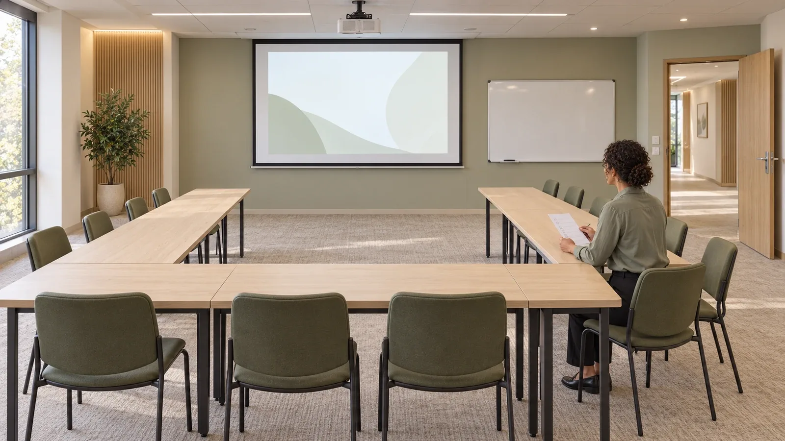 Formatrice contrôlant la visibilité de l’écran dans une salle de formation en U, avec une plante artificielle placée en périphérie